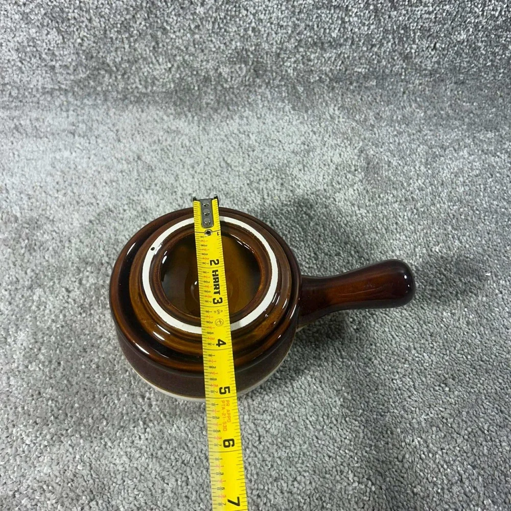 French Onion Soup Bowl Brown Cream Two-Tone Stoneware with Lid Vintage‎